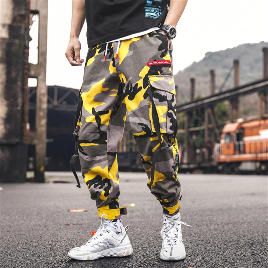 Мужские желтые камуфляжные брюки Уличная Брюки в стиле милитари Jogger Pant хип-хоп Camo Sweat pants Мужские брюки длиной до щиколотки из хлопка