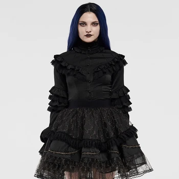 

PUNKRAVE Women's Gothic Gorgeous Lace Long Sleeve Shirt Lolita Fungus Stand Collar Prom Casual Puff Sleeves Blouses
