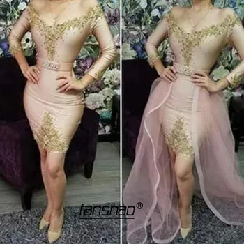 

Pink Evening Dresses Detachable Train Gold Lace Illusion Robe De Soiree Abiye Dubai Saudi Arabic Evening Gown Prom Dress