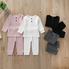 От 0 до 3 лет, комплект одежды для новорожденных мальчиков и девочек, вязаный хлопковый топ с длинными рукавами и штаны, костюм милая простая одежда для сна, пижамный комплект