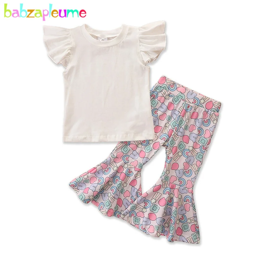 

babzapleume Summer Baby Girls Boutique Outfits Fashion Sleeveless T-shirt+Cute Print Flared Pants For Children Clothing Set 127