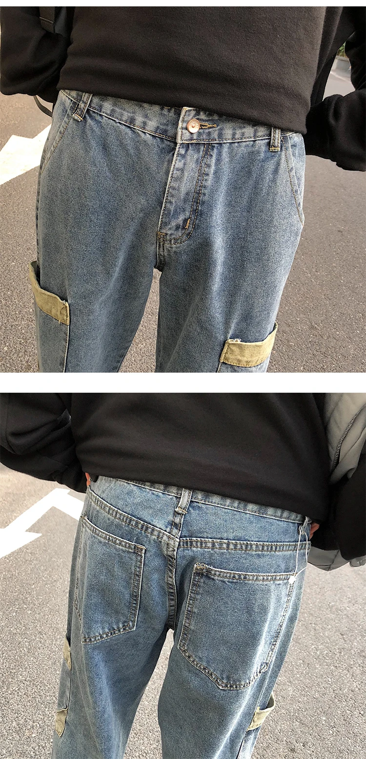 Men's Wash Cowboy Trousers Male Baggy Homme Cargo Pocket Jeans Blue Casual Pants Biker Denim Streetwear Hip Hop Straight Pants
