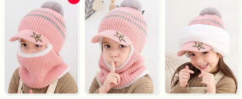 Doitbest 1 to 6 years Winter hat for kid beanies fur ball boys Beanie Child knit hats Protect face neck kids girls Earflap Caps