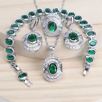 

925 Silver Bridal Jewelry Sets For Women Wedding Green Zirconia Bracelets Rings Earrings With Stones Pendants Necklace Set