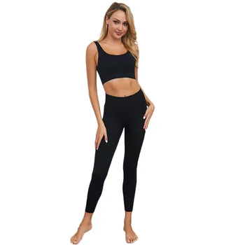 

top selling Women Solid High Waisted Stretchy Slim Fit Sport Workout Two-Piece Outfits Support Wholesale and Dropshipping