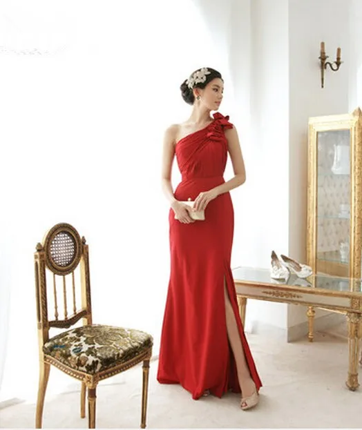 vestido de festa длинное шифоновое платье на одно плечо размера плюс красная дизайнерская мода платье подружки невесты