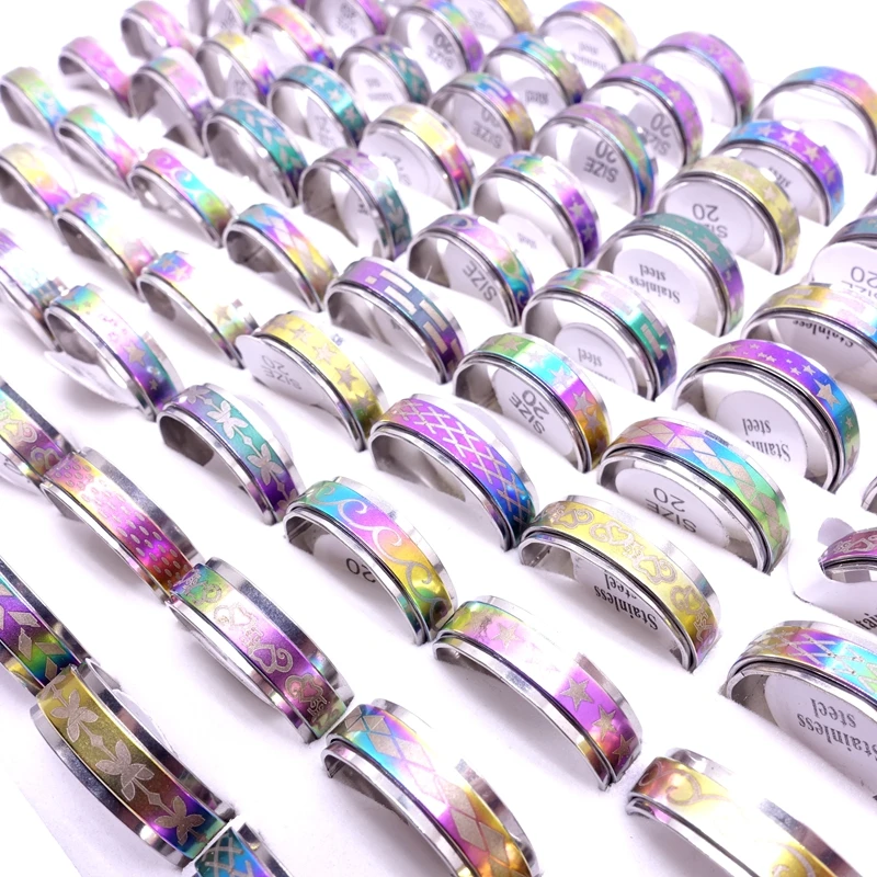 Wholesale 50pcs/Lot Mens Womens Multicolor Stainless Steel Spinner Rings Fashion Jewelry Variety of Patterns Size 17-21mm 6