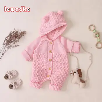 

Newborn Baby Rompers Long Sleeve Autumn Hooded Toddler Kids Boys Girls Pajamas Solid Knitted Children Clothing