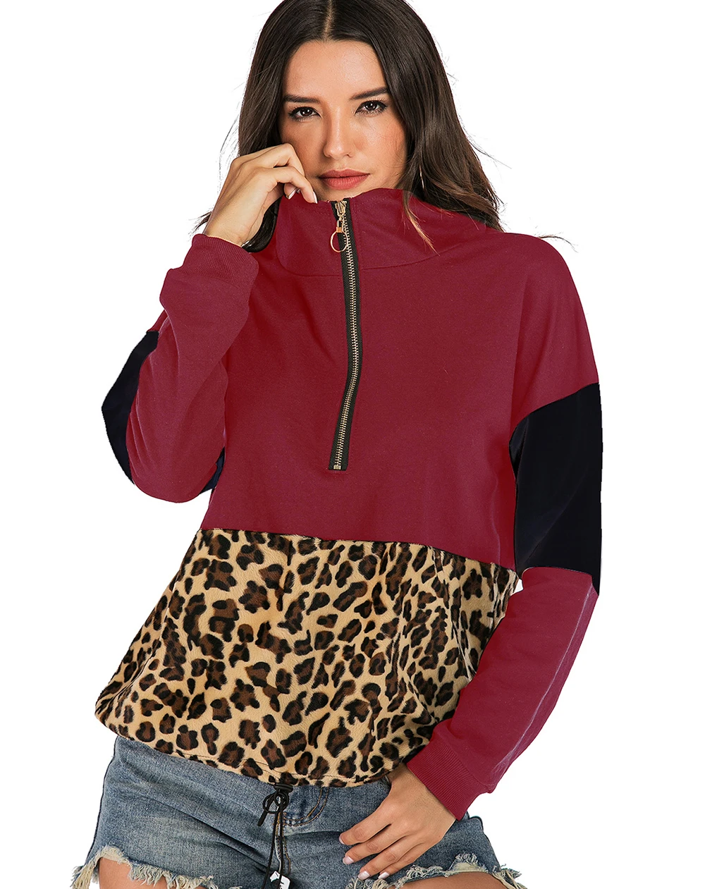 Женский пуловер с длинным рукавом на молнии, теплый пушистый Леопардовый принт пэтчворк, флисовый пуловер с карманом
