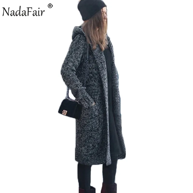 Nadafair, черный толстый зимний длинный кардиган, Женский однотонный Повседневный длинный вязаный кардиган с капюшоном, свитер, пальто для женщин - Цвет: Черный