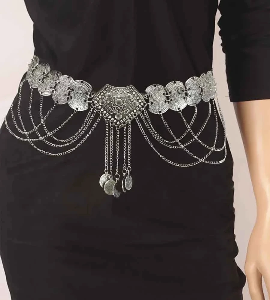 Gypsy Vintage Goldene Silbrige Münzen Lange Quaste Taille Bauchketten Türkische afghanische traditionelle Robe Gürtel Indien Tanz Körperschmuck – Detail 10