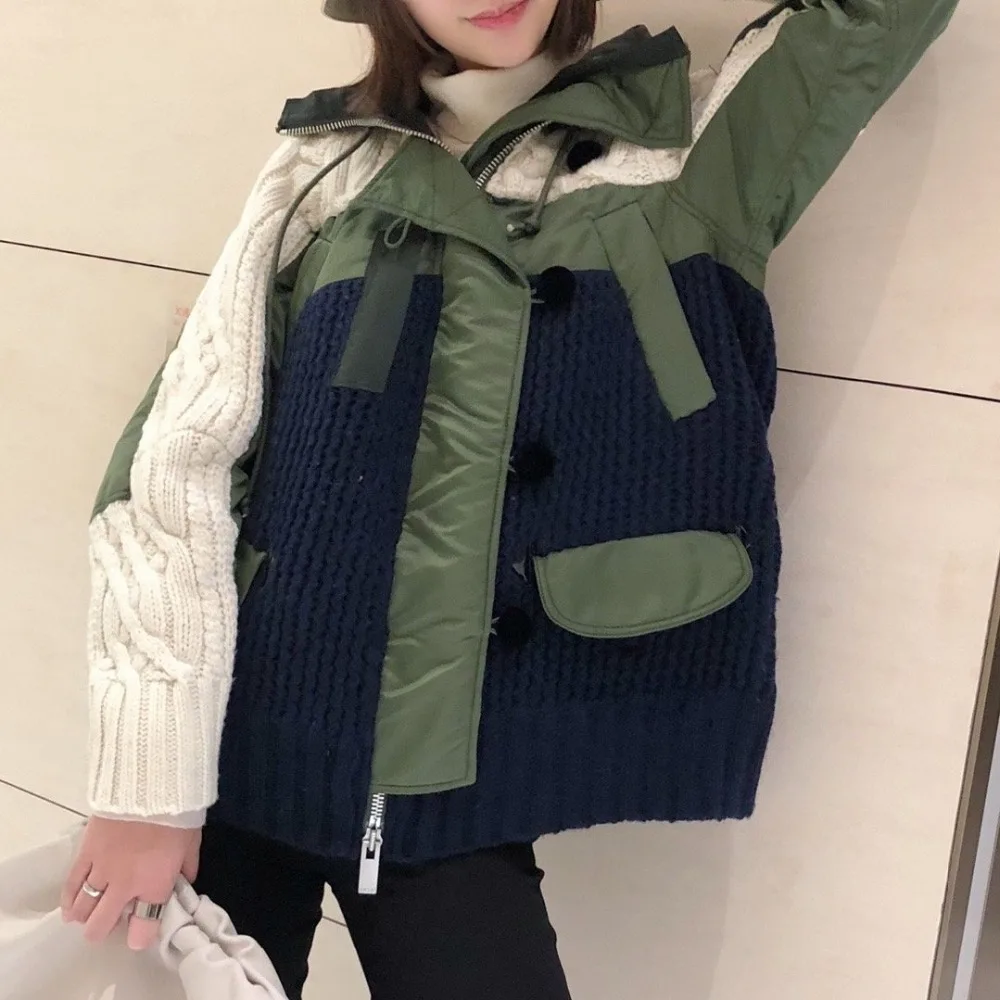 2019FW роскошная женская Лоскутная трикотажная куртка пальто женская теплая верхняя одежда с капюшоном пальто rmsx 11,6