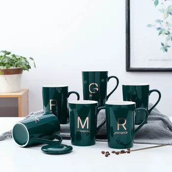 

500ml Ceramic Alphabet Coffee Mug with Lid and Spoon Tea Milk Cups Water Drinkware Present for Family Friend Kitchen Dinning Bar