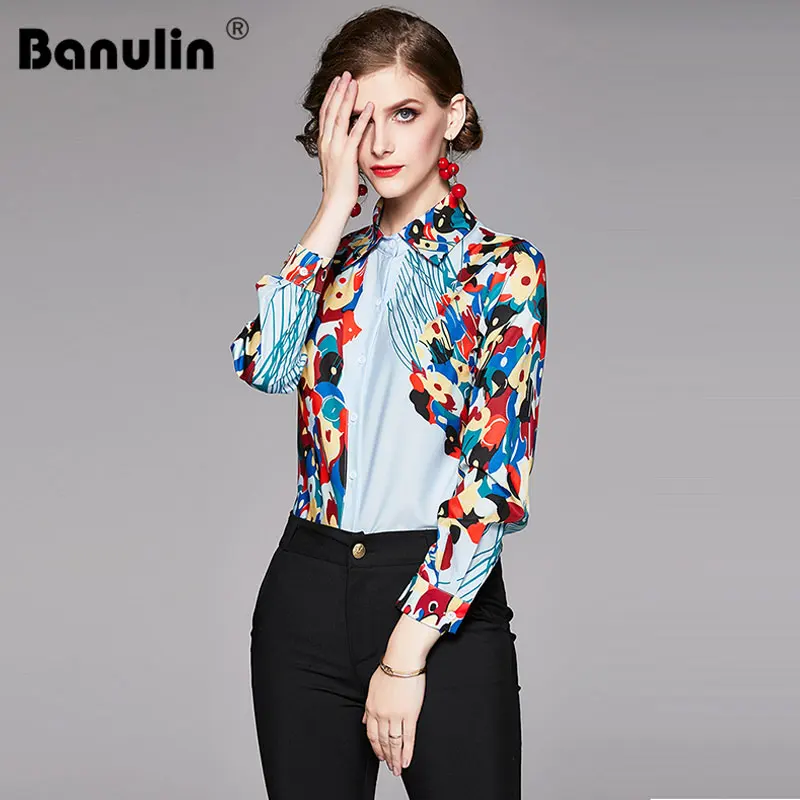 

Womens Tops Blouses 2019 Spring New Runway Designer Long Sleeve flower Ladies Blouses Shirts Print Vintage Office Shirt