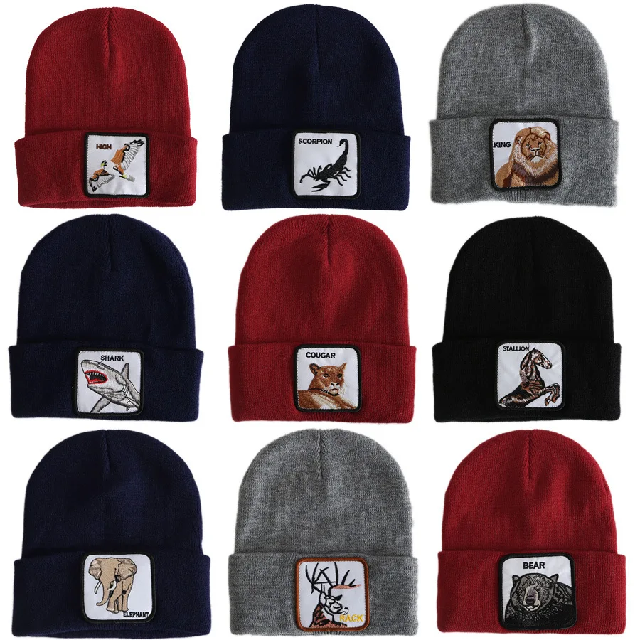

1PC 2020 New Fashion Tide Patch Embroidery Elephant Tiger Wolf Animals Winter Knit Hat Knitted Cap Hip Hop Wool Hat Beanies