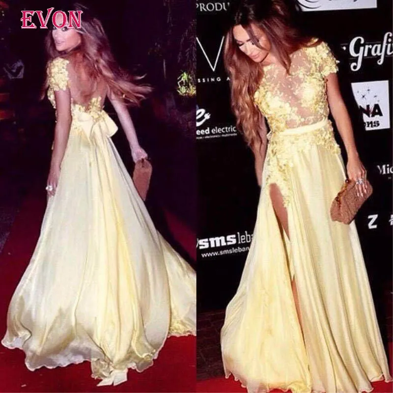 Дешевые Vestido De Fiesta Noche Желтые Вечерние платья на заказ с короткими рукавами