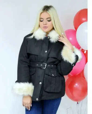 Женское модное пальто теплая зимняя куртка с меховым воротником Черный Розовый Ветровка
