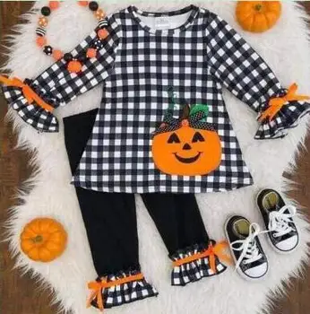 

2019 grils high quality plaid pattern Halloween pumpkin embroidery sets long sleeve winter dress free shipping