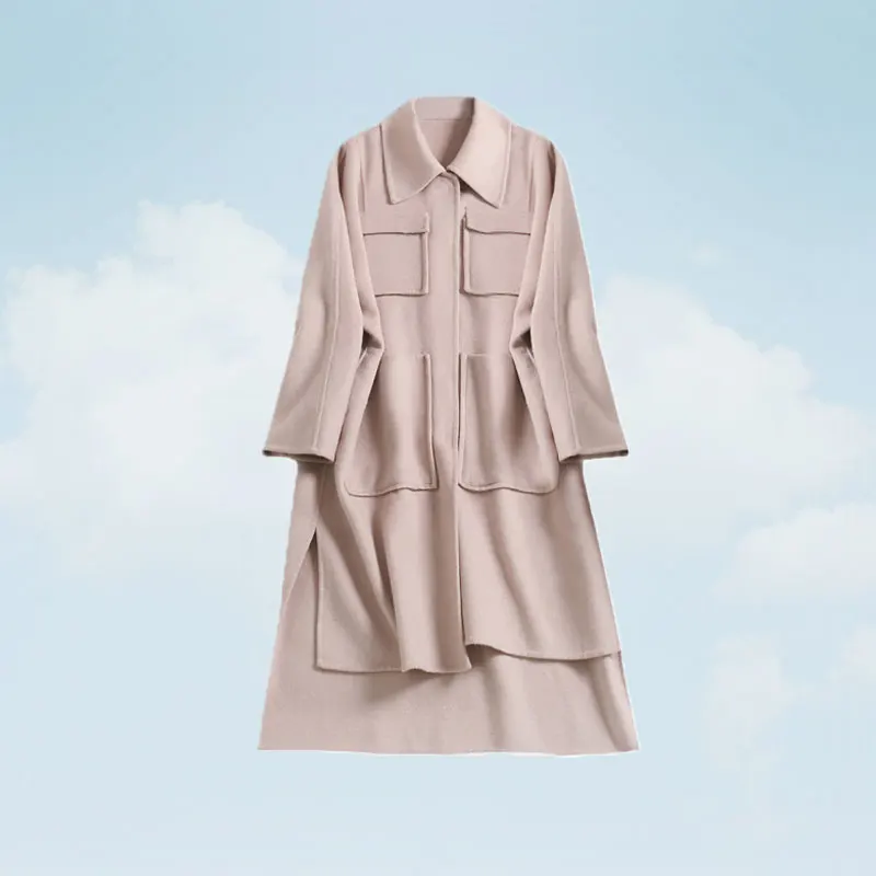 

2019 New Winter Double-faced Women Coat Medium Long Solid Color White Stripe Splice Female Autumn Coat Dark Buckle SS437