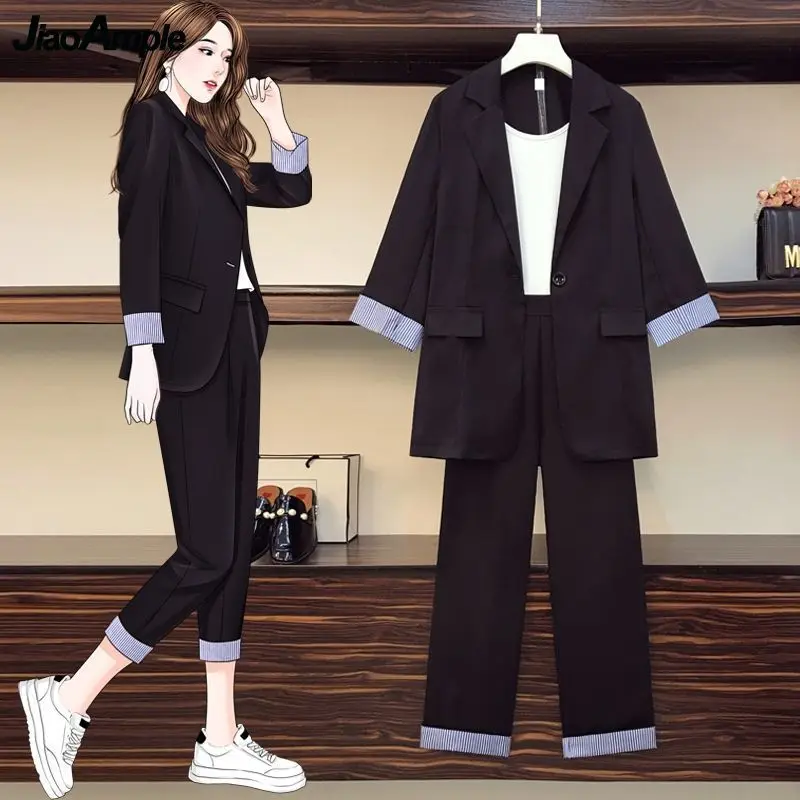 Casual Thin 2 Pcs Suit Set Women Spring Autumn Fashion Black Coats+Ankle Length Pants+Sling Vest Sets Office Lady Loose Clothes