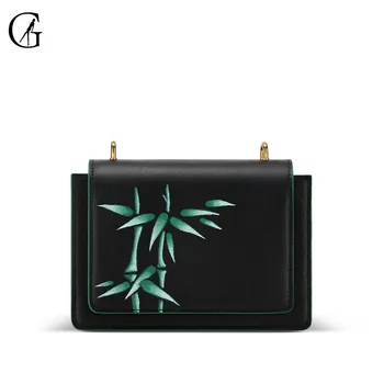 

GOXEOU Women's Handbag Black Chinese style Green Bamboo Hand Drawn PU Fashion Ladies Party Banquet Messenger Shoulder Bag