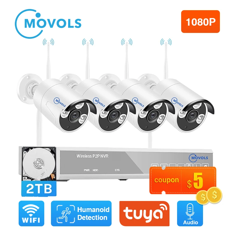 MOVOLS H.265 Беспроводная CCTV система 4CH 1080P Tuya Zigbee NVR 4 шт. 2MP наружная WIFI