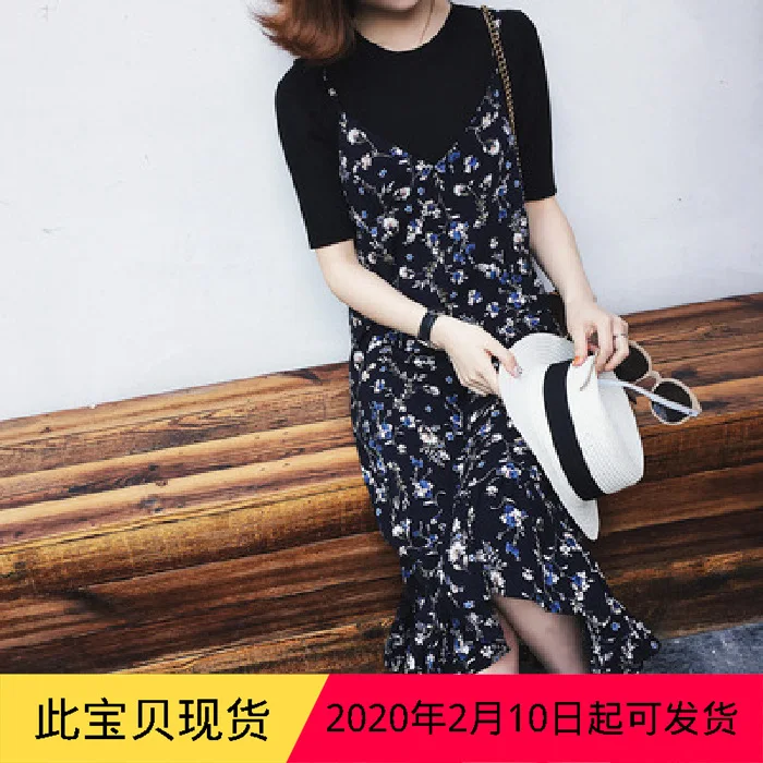 

2020 New Style Retro Floral Strapped Dress Women's Summer Mid-length Flounced Base Strapped Dress Chiffon Skirt