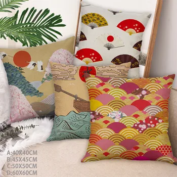 

pillowcase cusion cover 2019 4pcs Japanese Scenery Figure Linen Pillow Pillowcase Home Decorative #C
