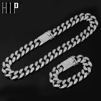 

Hip Hop 1Set 20MM Full Heavy Iced Out Paved Rhinestone Miami Curb Cuban Chain CZ Bling Rapper Bracelet Necklaces For Men Jewelry