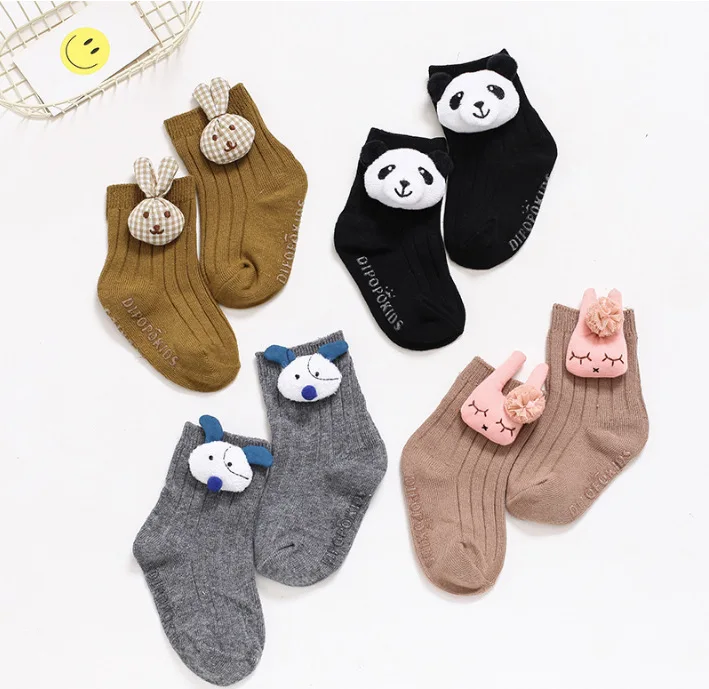 

19 Spring And Summer New Style Plain Color Double Needles CHILDREN'S Socks Infants 3D Cartoon Animal Head Short Socks Anti-slip