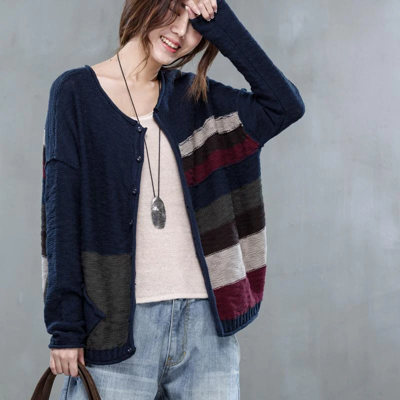 

Autumn Winter New Arts Style Women Long Sleeve Loose Cardigans Stripe Vintage Casual Knitted Sweater 100% Cotton Knit Tops D452