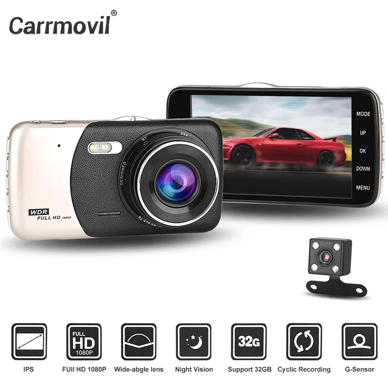 Автомобильный видеорегистратор Carrmovil с двумя линзами, мультиязычная камера Full HD ночного видения, g-сенсор, детектор движения, Автомобильный видеорегистратор для вождения
