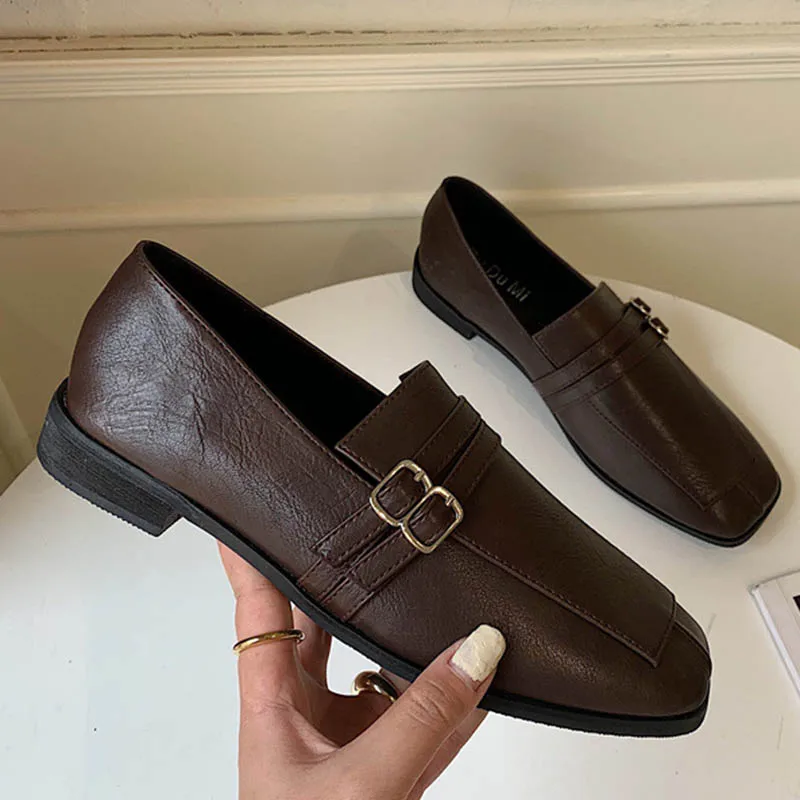 

Genuine Leather Square Toe Oxfords Women Buckle Band Decorate Loafers Flats Women Slip on British Cow Leather Shoes Women 2020