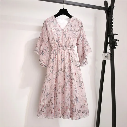 Новинка, летнее Модное шифоновое платье с цветочным принтом, v-образный вырез, короткие расклешенные рукава, женское офисное тонкое элегантное платье с подкладкой - Цвет: Розовый