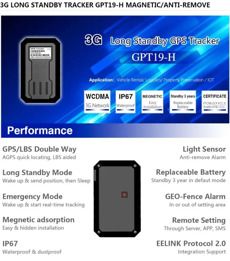 GPT19-H умный отслеживающий локатор в режиме ожидания 3 года 3g GPS устройство отслеживания в режиме реального времени отслеживание гео-забор Магнитный фонарь датчик отслеживающее устройство