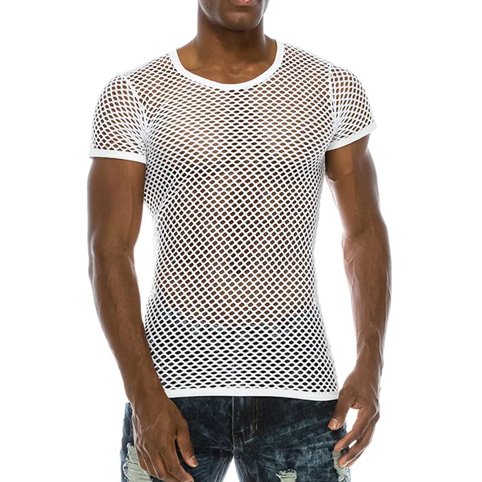 White T Shirt Мужские прозрачные черные сетчатые майки, топ, новинка, сексуальный перспективный облегающий Топ без рукавов, Мужской Топ для бодибилдинга, тройники - Цвет: White T Shirt