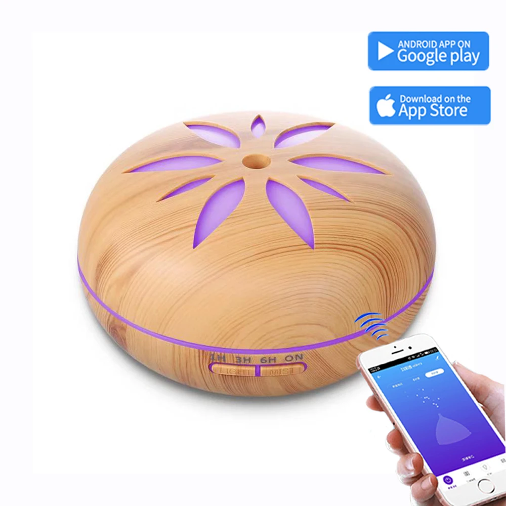 Wifi inteligente de difusor del aceite esencial Compatible con Alexa 550ml de grano de madera humidificador de aire ultrasónico difusor de Aroma