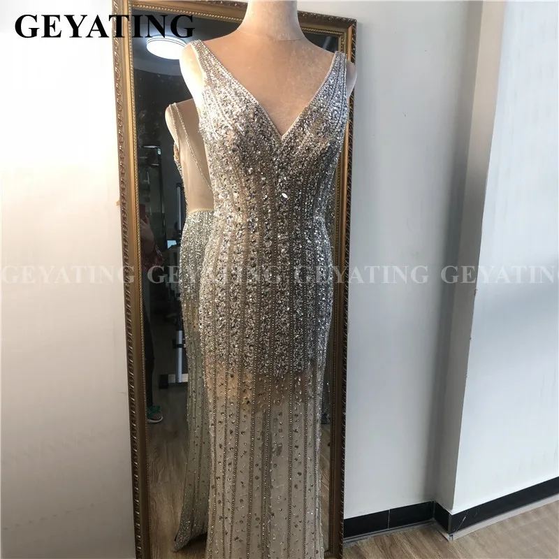 Sexy V-Neck Backless Luxury Crystal Silver Prom Dresses Full Diamond Mermaid Evening Gowns Long African Formal Gala Dress
