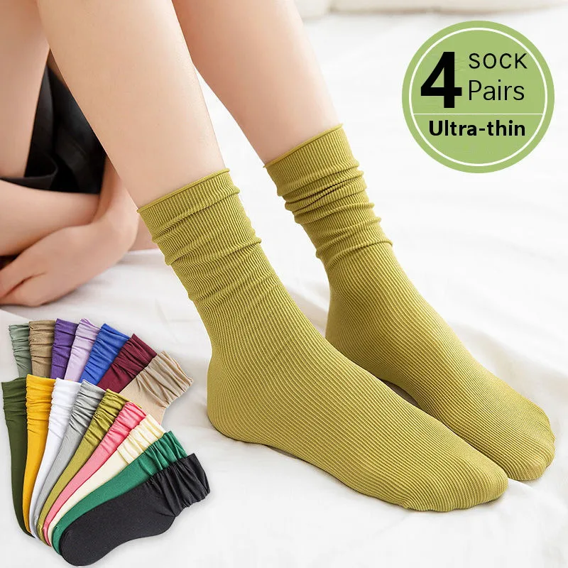 

iComfortable Women Socks 4 Pairs Socks Set Thin Summer Candy Color Solid Tube Female Velvet Socks