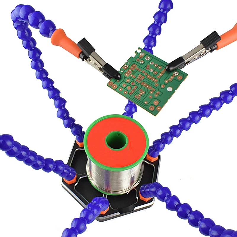  Third Hand Löten Pcb Halter Werkzeug Sechs Arme Helping Hands mit Lupe Objektiv Usb Ladung Mini Led