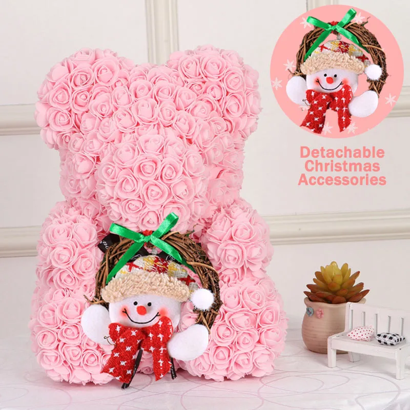 Christmas Gift 40cm Red Bear Rose Artificial Soap Roses Teddi Bear Eternal Flower Valentine Garland Gift Girl Friend Snowman