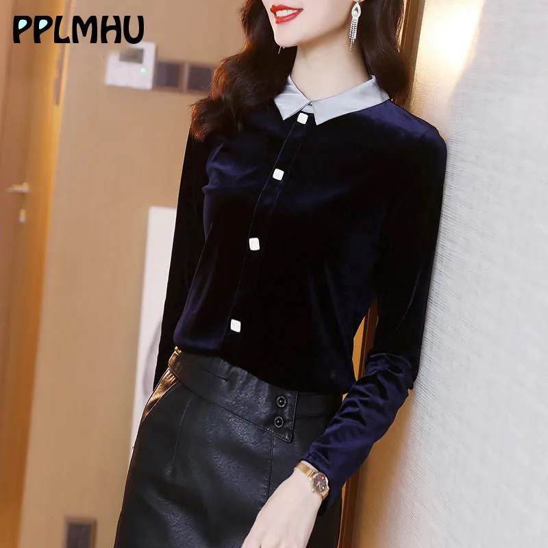 Office Lady Blue Velvet Blouse Button 