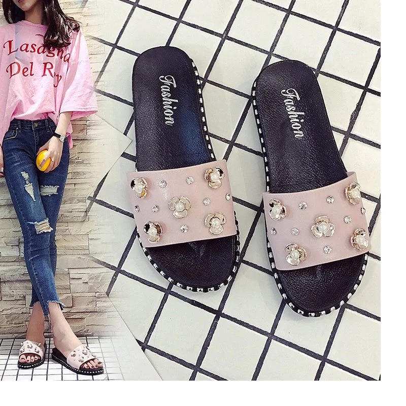 

Summer new ladies flat sandals and slippers female students rhinestone fashion wear non-slip flip flop de verano para mujer