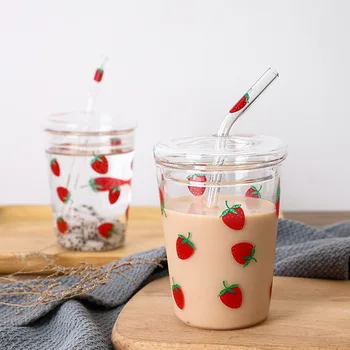 

Ins Cute Strawberry Cup with Straw Lid Transparent Heat-resistant Water Glass 320ml Household Breakfast Milk Glass Juice Tumbler