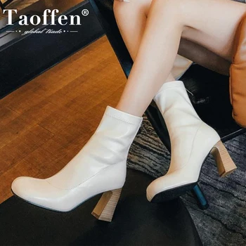 

TAOFFEN Women Ankle Boots Fashion Square Toe Zipper Winter Shoes Woman Warm High Heel Short Boot Sexy Party Footwear Size 34-43
