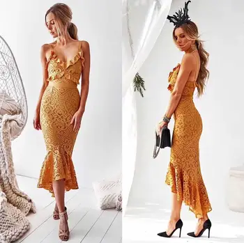 

5 Color Hot Sale Ladies HL Bandage Dress Strap Sexy V-Neck Bodycon Mid-calf Dress Evening Party Dress High Quality