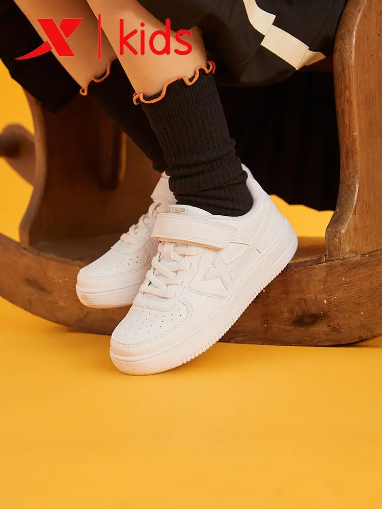Xtep Fashion Boys Girls Skateboarding Shoes Kids Casual Velcro Sport Shoes Children Comfortable Sneaker White Black 681416319361