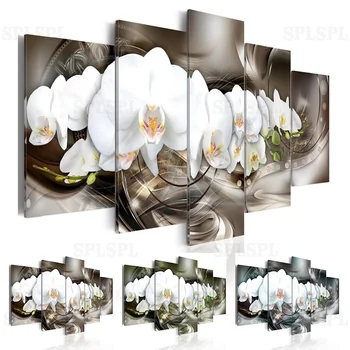 

5 Pieces White Orchids Flower Wall Art Pastel Flora Poster Modern Canvas Painting Pictures for Living Room Girls Room Home Decor