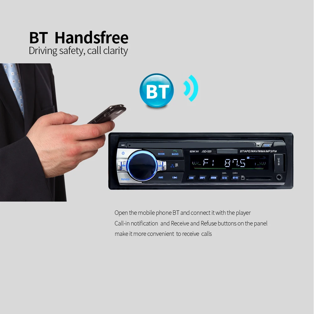 Bluetooth V2.0 JSD-520 Стерео Авторадио автомобиля радио 12 В в-тире 1 Din FM Aux вход приемник SD USB MP3 MMC WMA аудио плеер JSD520