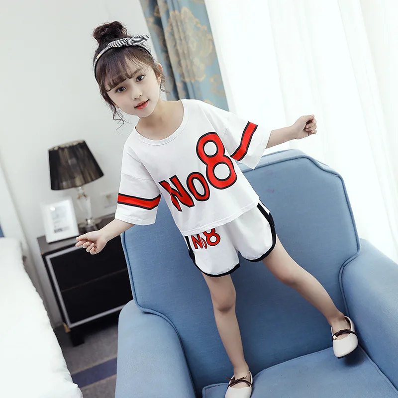 

Girls' Short-sleeved Suit 2019 New Style Cheerleading Service Korean-style Children Summer Clothes Big Boy Sports Two-Piece Set